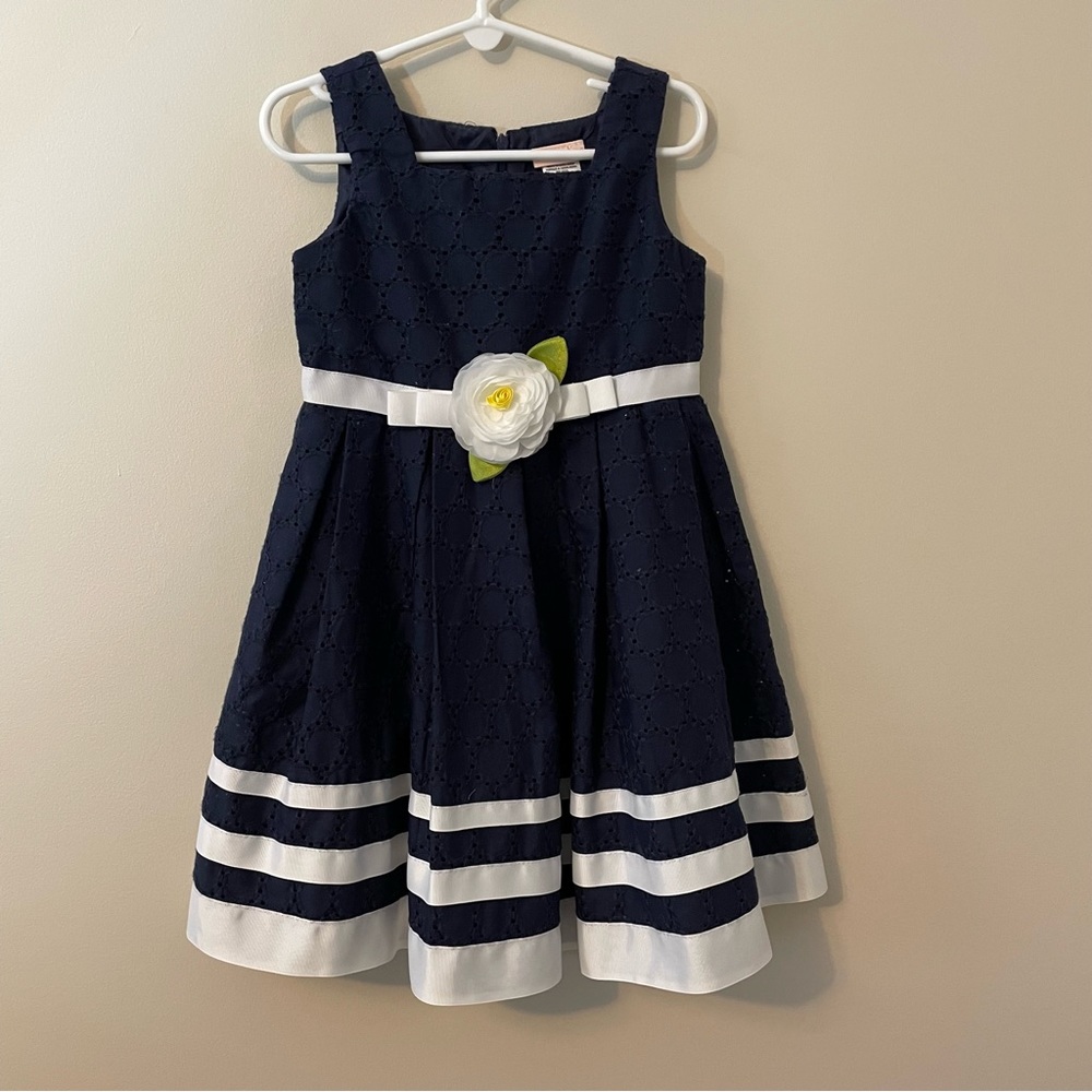 Girls Navy and White Eyelet Dress and White Sweater